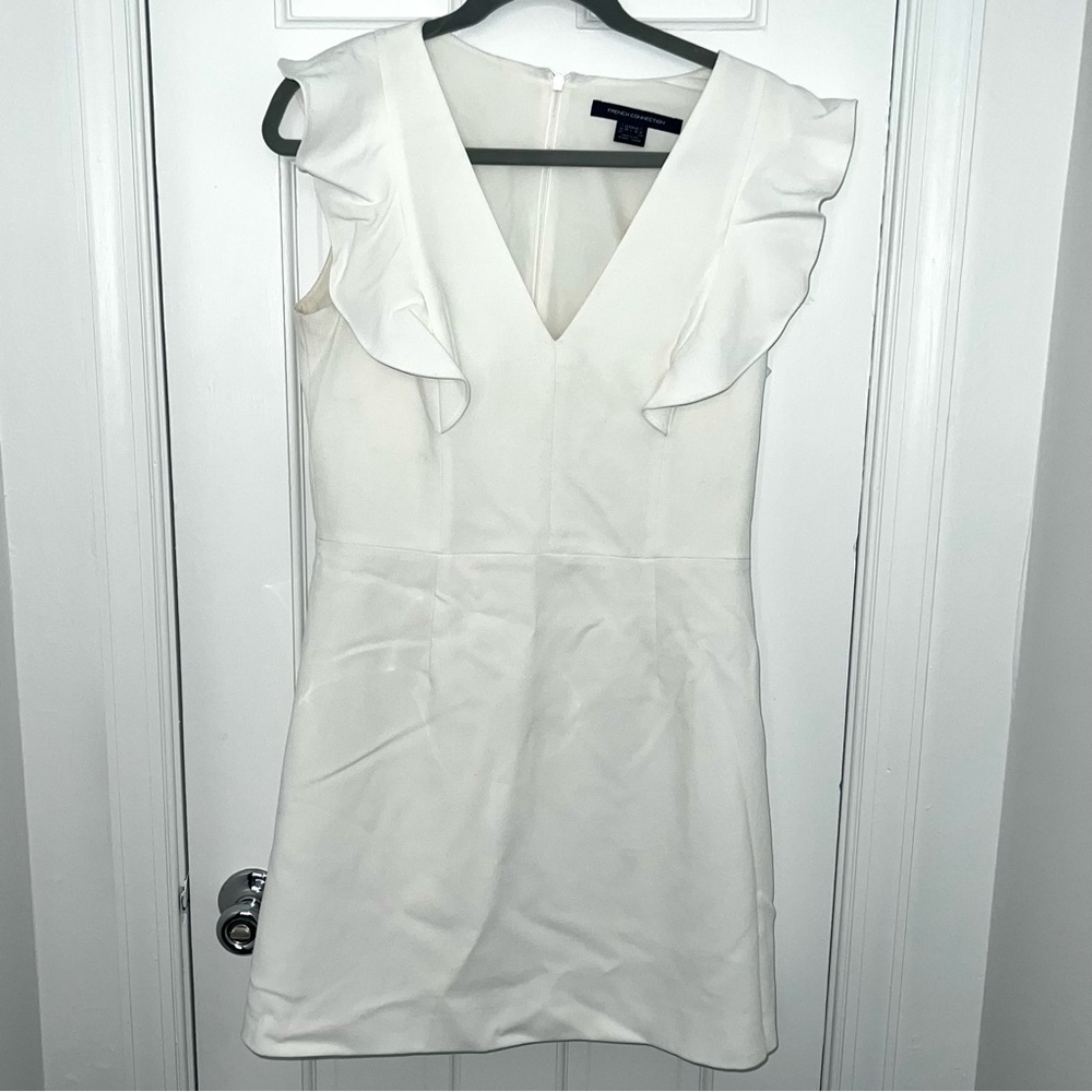 French Connection Whisper Ruffle Mini Dress white graduation dress vneck ruffles - Picture 5 of 16